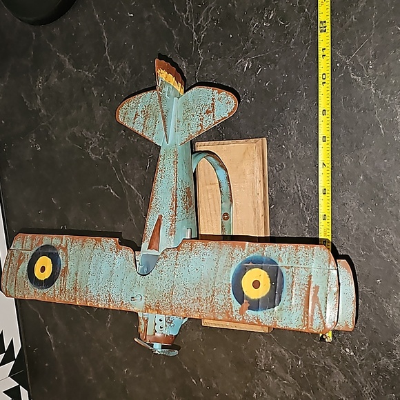 Vintage tin handmade single pilot wwii military airplane blue on stand unique! - Picture 4 of 5